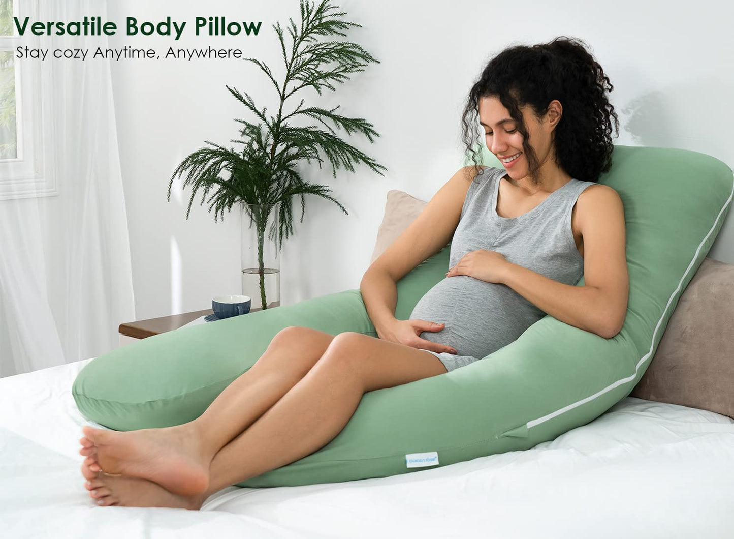 QUEEN ROSE Cooling Pregnancy Pillows, U Shaped Full Body Maternity Pillow for Pregnant Support, Rayon Derived from Bamboo, Buttery Soft, Super Breathable for Hot Sleeper, Green