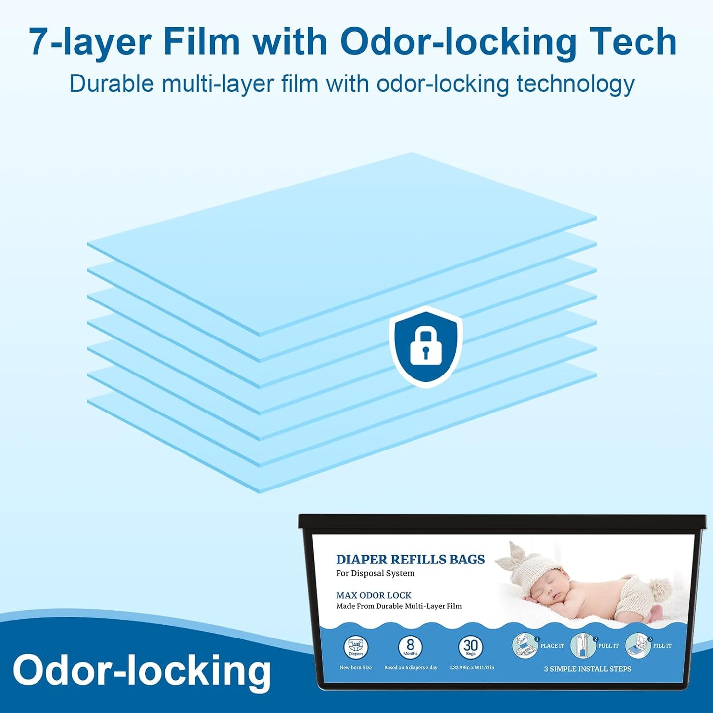 Diaper Refill Bags Compatible with Genie Easy Roll & Platinum Diaper Pails, 7-Layer Odor Control, Extra Thick, 4-pack (120 Bags), Holds up to 5600 Newborn Diapers