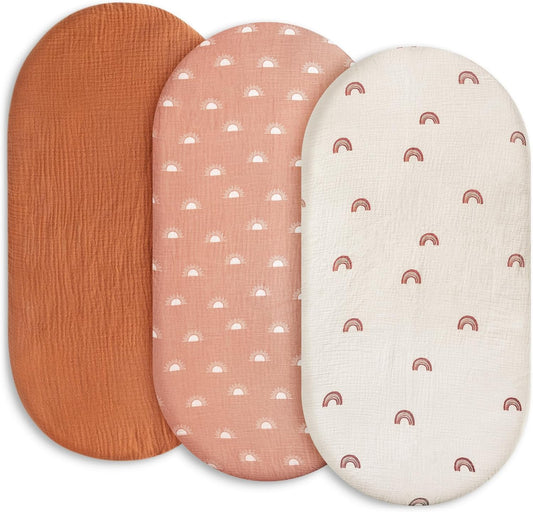 Gllquen Baby Muslin Bassinet Sheets 3 Pack, Breathable Elastic Cozy Fitted Cotton Bassinet Mattress Sheet for Baby Boy Girls, Fit for Hourglass Oval Rectangular Cradle Pad Sheets 33"x17"(Rainbow)