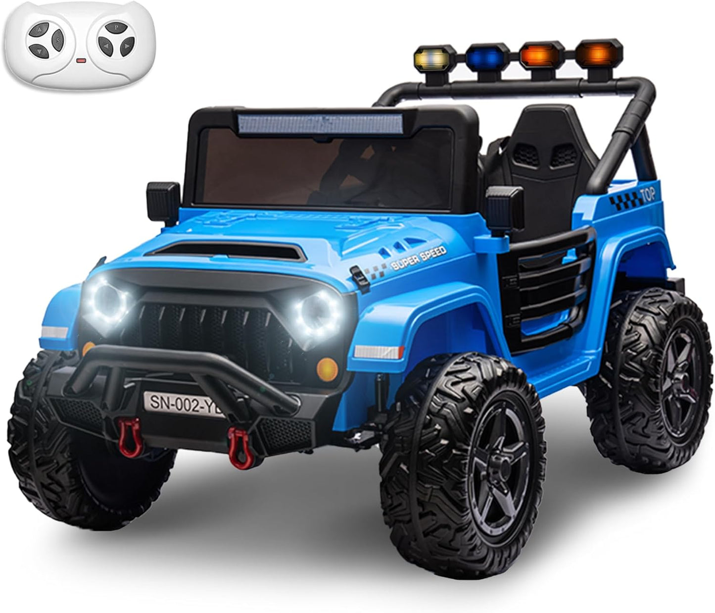 24V 2 Seater Ride On Truck with Remote Control 4WD Electric Car for Kids Ride On Car Battery Powered Ride On Toy Car with Music Player, LED Lights, Bluetooth, Rear Shock Absorber, Blue
