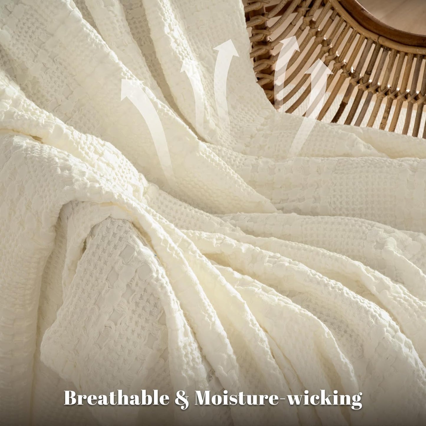 PHF 100% Cotton Waffle Weave Throw Blanket, Soft Lightweight Breathable Cozy Summer Throws for Couch Bed Sofa, Luxury Aesthetic Woven Blanket for Home Decor & Office, 50"x60", Cannoli Cream