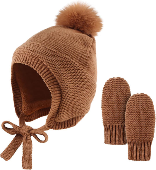 Basic Winter Baby Beanie Gloves Boys Girls Knitted Hat Pompom Kids Earflap Hats Warm Infant Toddler Beanie Mittens Set