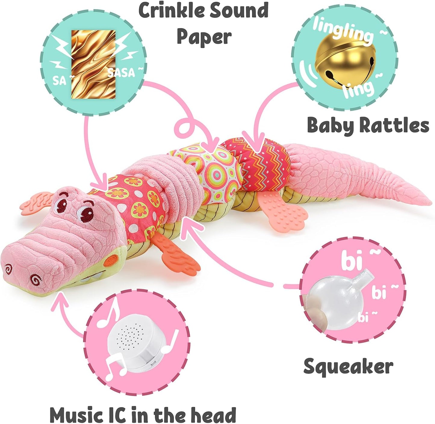 LIGHTDESIRE Baby Toys Musical Crocodile,Infant Toys Stuffed Animals Toy with Ruler Design and Ring Bell,Baby Teething Toy for Tummy Time Newborn Boys Girls 0 3 6 12 Months(Pink)