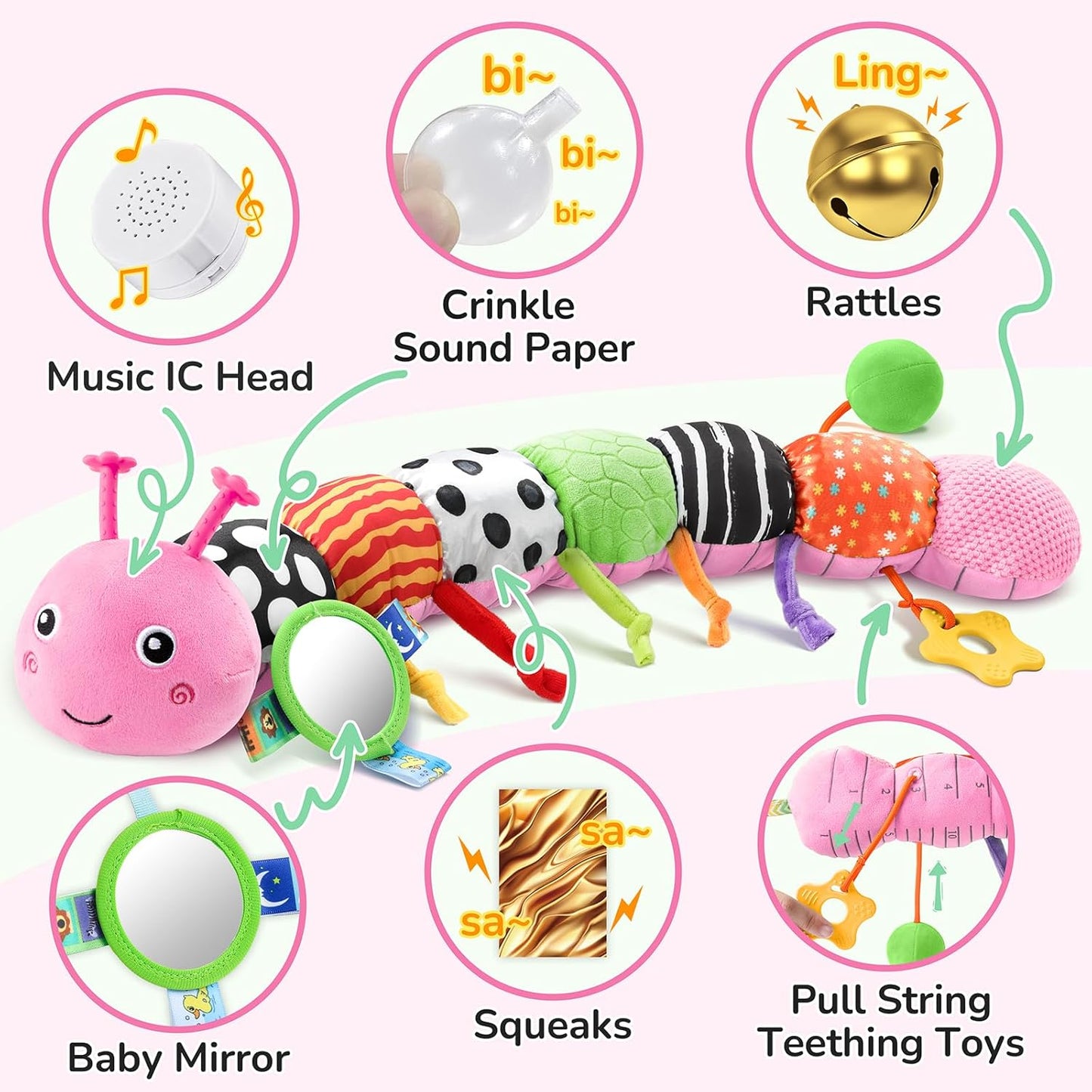 Baby Toys 6-12 Months Music Caterpillar Infant Toys Stuffed Animals 0-3-6 Months Teething Tummy Time Sensory Toys with Mirror Rattle&Pull String for Boys Girls Birthday Gifts|Pink,Knot Limb