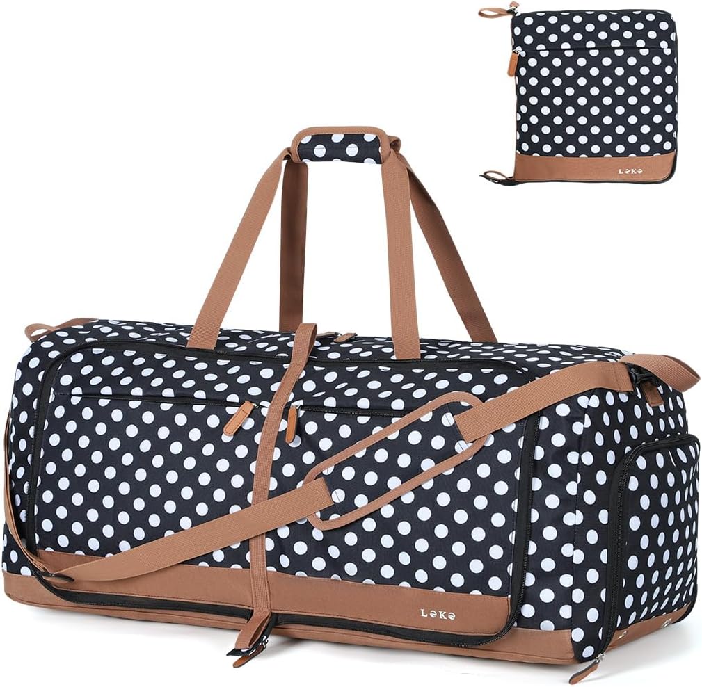 Lekesky Foldable Travel Duffel Bag for Women, 80L Large Duffle Bag with Separate Shoes Compartments & Straps, Carry On Weekend Bag for Women, Hospital, Overnight(Polka Dots)