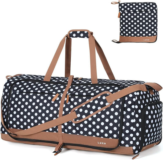 Lekesky Foldable Travel Duffel Bag for Women, 80L Large Duffle Bag with Separate Shoes Compartments & Straps, Carry On Weekend Bag for Women, Hospital, Overnight(Polka Dots)