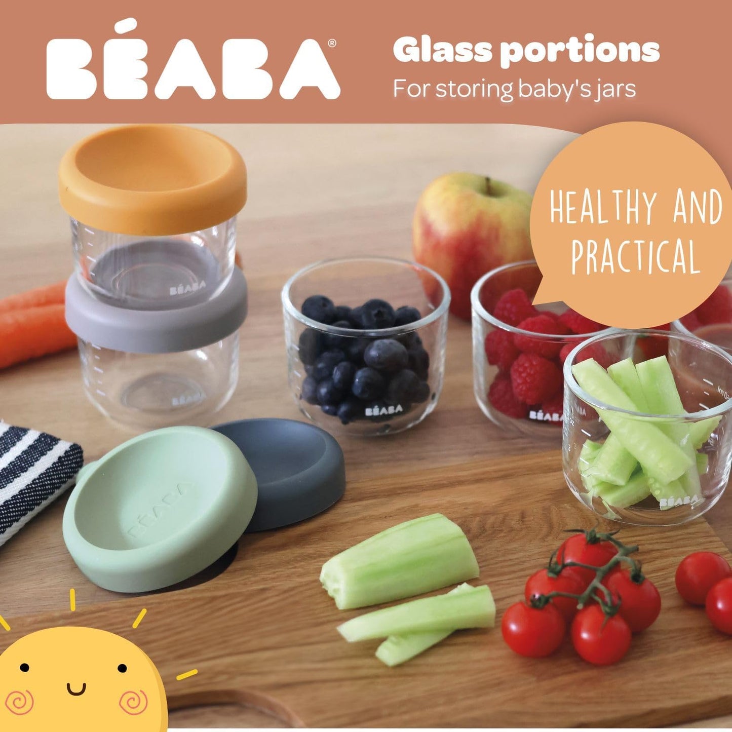 BEABA 5 oz Glass Baby Food Jars with Soft Silicone Air Tight Lids, Glass Storage Containers with Lids, Microwave and Freezer Safe Containers, Sage Green