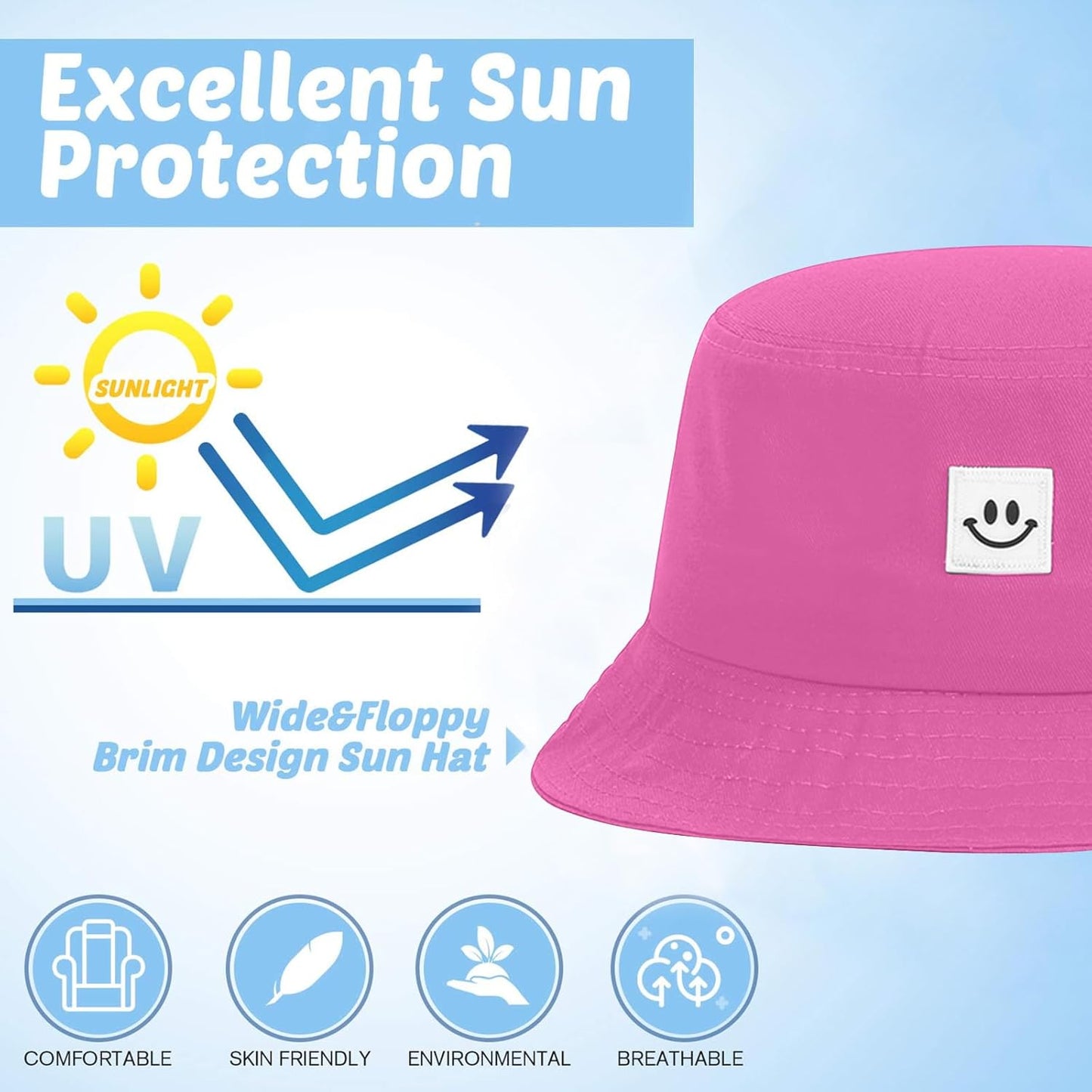 Kids Sun Hat Smile Face Bucket Hat for Girls Boys Summer Sun Protection Cotton Unisex Beach Cap