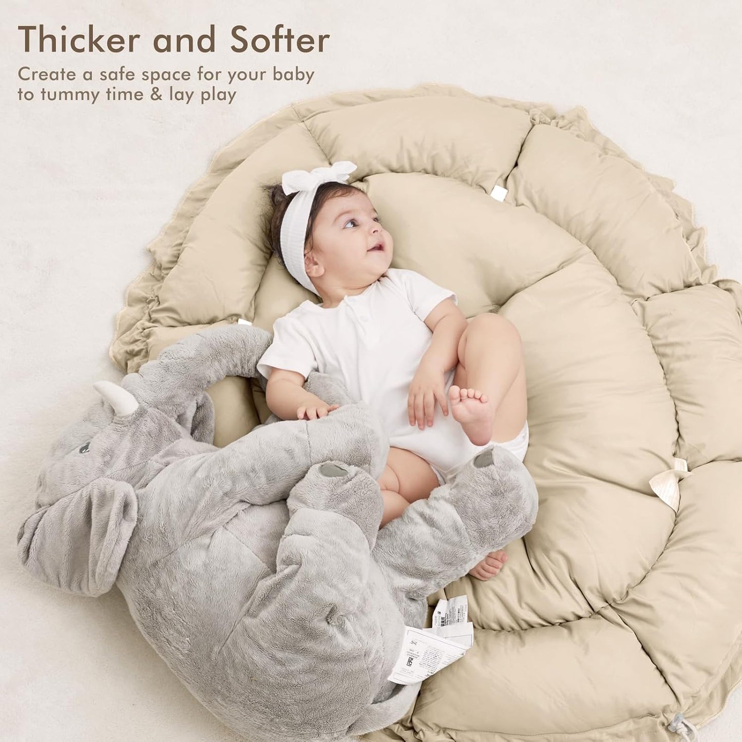 ANGELBLISS 5 in 1 Baby Play Gym Mat, Reversible Tummy Time Mat with 5 Sensory Toys for Stage-Based Developmental, Thick & Large Baby Activity Center from Newborn to Toddler (Khaki)