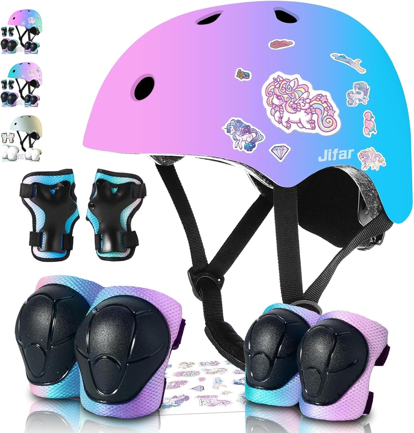 Adjustable Kids Bike Helmet with Knee & Elbow Pads Set, Color Gradient Design for Boys and Girls Aged 3-14+, for Skateboarding, Scooter, Roller & Inline Skating, Longboard