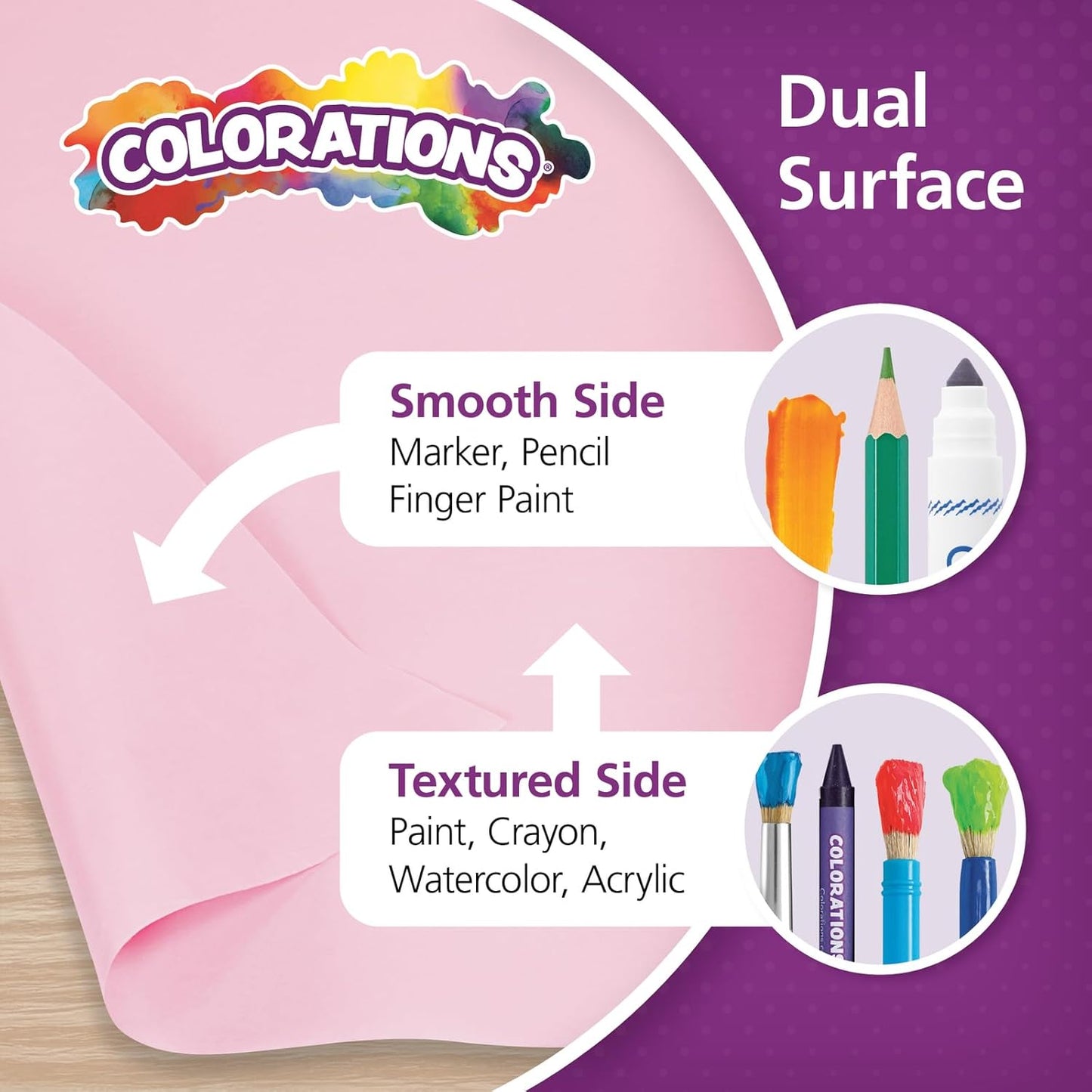Colorations Arts and Crafts Paper Roll - 36" x 1000', Pink, Dual Surface, Markers, Finger Paints, Painting, Watercolors, Acrylic Paints, Wall Art, Bulletin Board Paper, Kids Crafts (Item # DSPK)