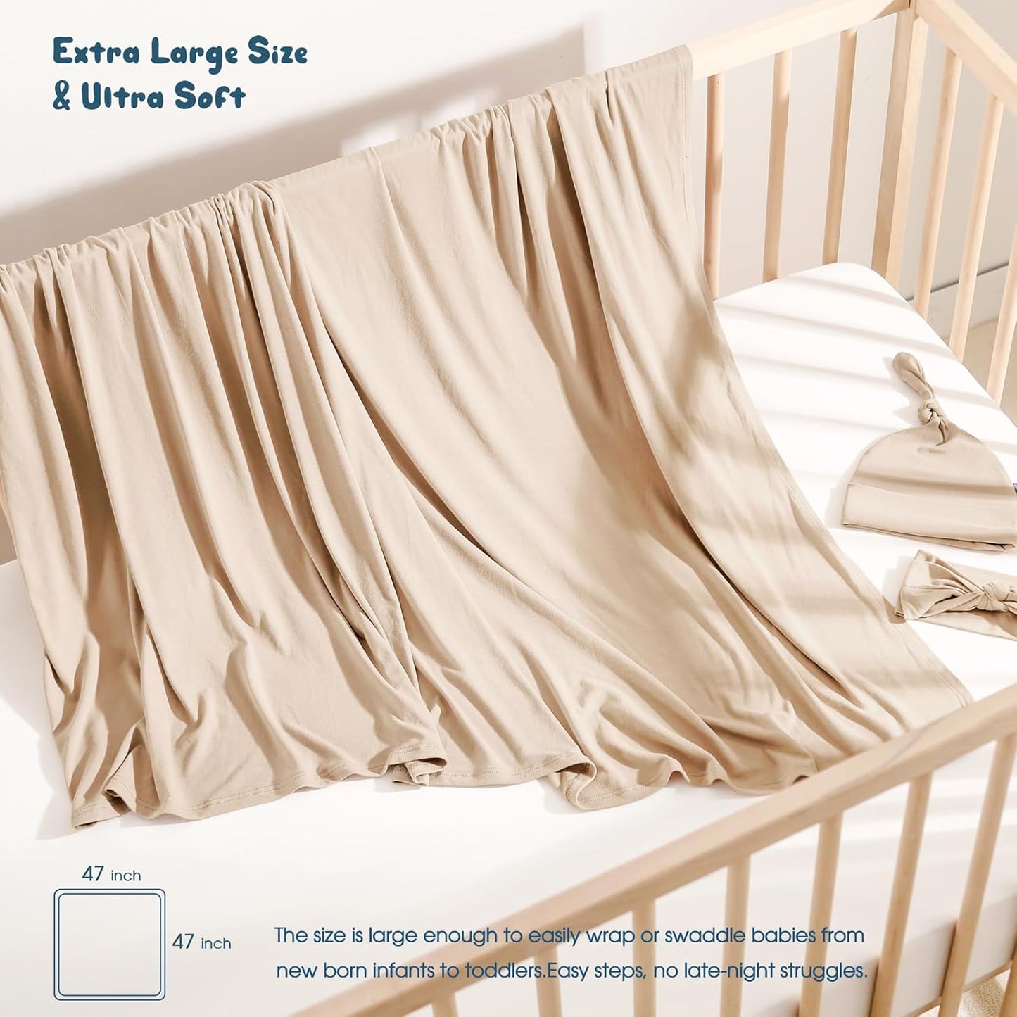 GRSSDER Newborn Blanket, Ultra Soft Jersey Receiving Blanket with Matching Headband and Beanie Set, Stretchy Baby Swaddle 47×47", Extra Large Neutral Swaddle Wrap for Girls and Boys