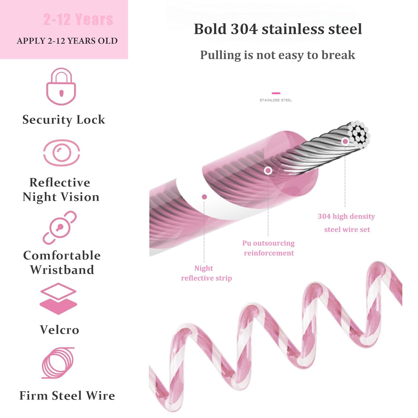 Toddler Harness Walking Leash- Child Anti Lost Wrist Link - Child Safety Harness - Upgrade with Reflective(6.5ft) - for Boys and Girls,Not Easy to Open Without Key (Light Pink)