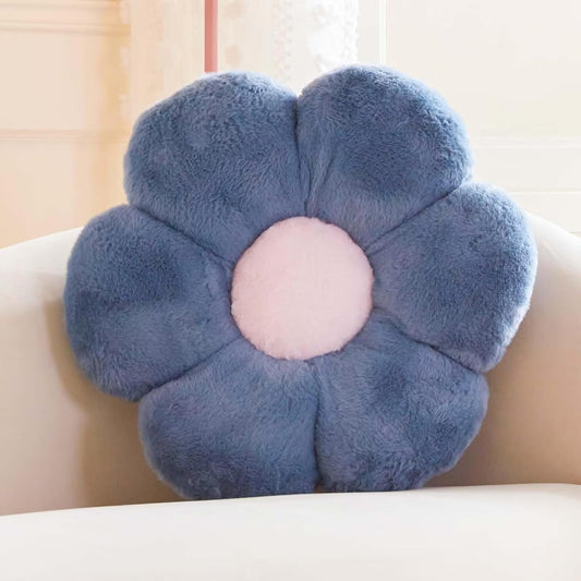 Dusty Blue Flower Shaped Throw Pillow With Faux Rabbit Fur, 19.6" Soft Plush Floor Pillow, Cute Decorative Room Decor for Bedroom Living Room