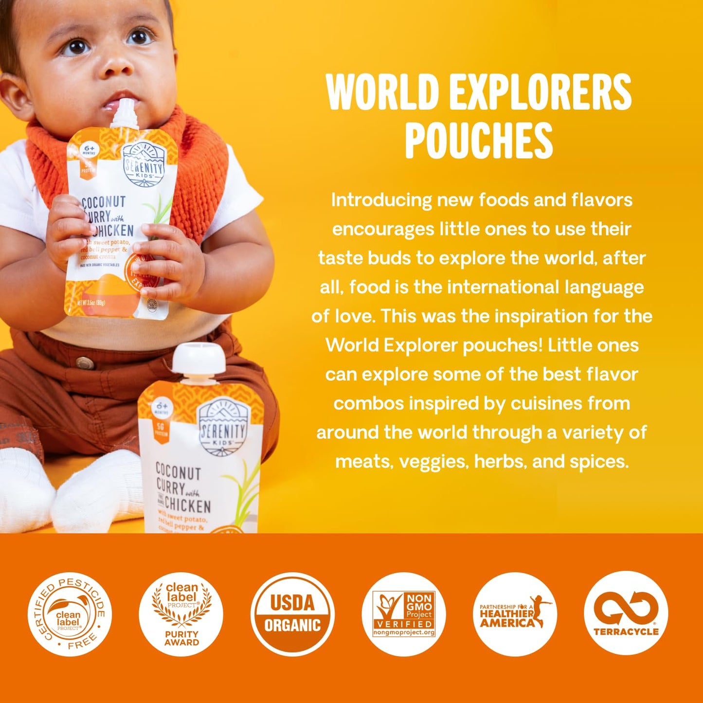 Serenity Kids 7+ Months World Explorers Stage 2 Baby Food Pouches - BPA-Free Pouches - Organic Meat & Veggie Puree with Ethically Sourced Beef - 3.5 Oz, 6 Pack