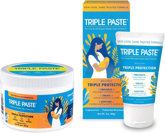 Triple Paste Diaper Rash Cream for Baby - 8 Oz Tub & 3 Oz Tube At Home & On the Go Bundle - Zinc Oxide Ointment Treats, Soothes and Prevents Diaper Rash