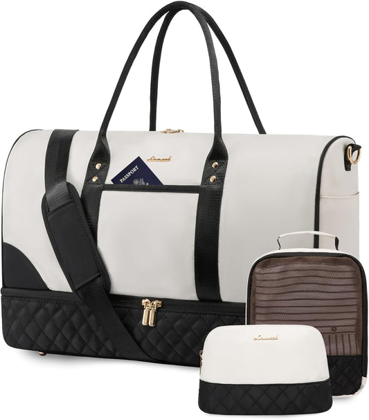 LOVEVOOK Women's 22" L x 14.5" H x 9.5" W Off White Nylon Travel Weekender Bag Set with Shoe Compartment, Wet Pocket, Trolley Sleeve & Shoulder Strap