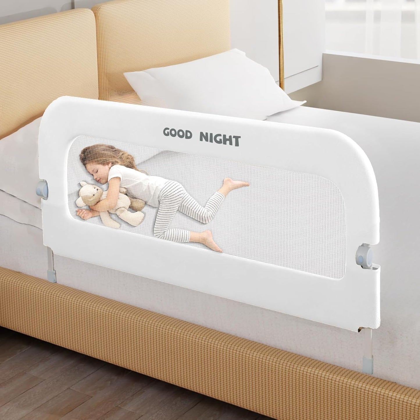 Bed Guard Rail for Toddlers - 47" Adjustable Heights & Folding up Portable Bed Railing for Baby - Toddler Bed Rails Guard for Crib, Twin, Bunk,Full Size, Queen & King Bed (White)