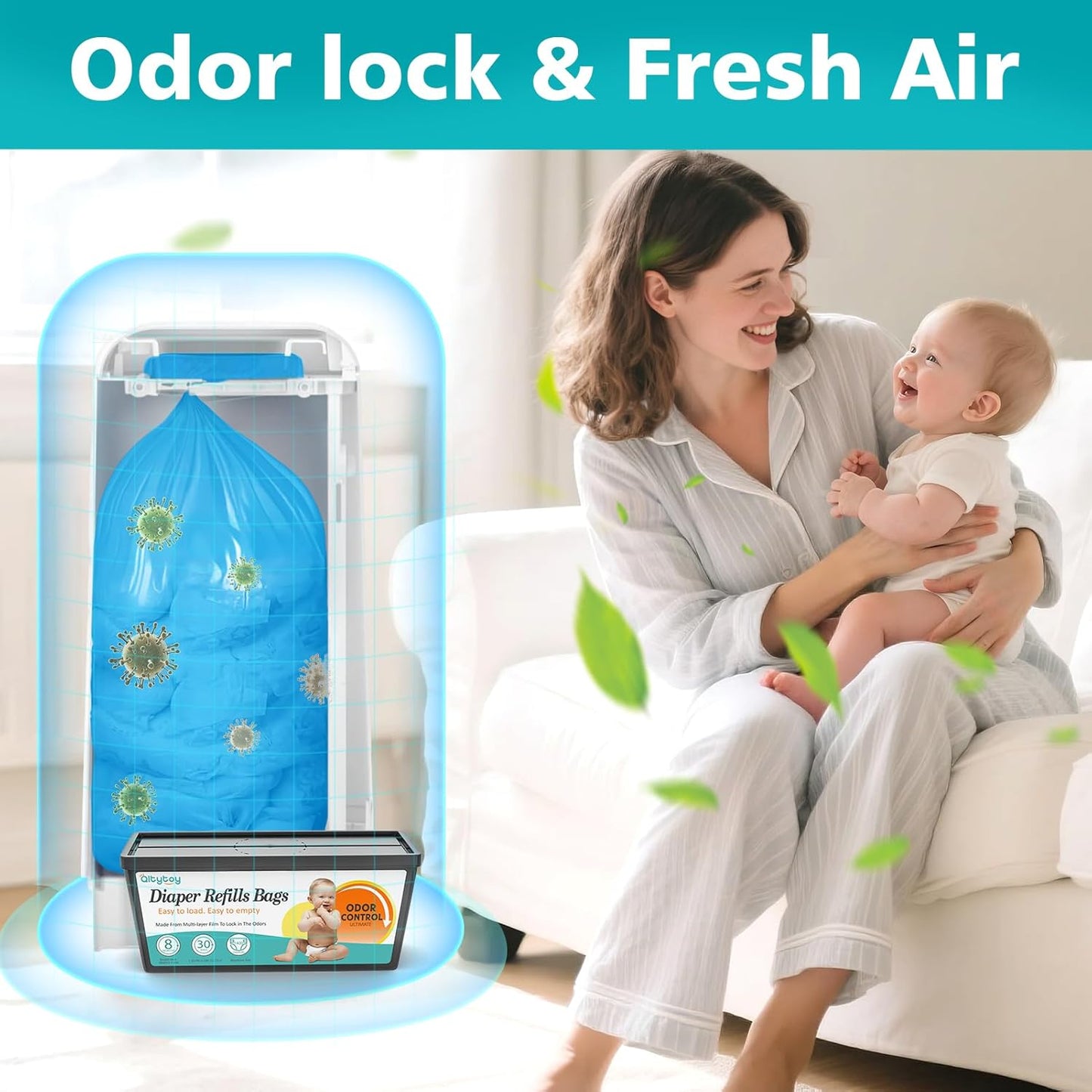 Refills Compatible with Diaper Genie Easy Roll Signature & Platinum Diaper Pail,1-Pack (30 Bags) for 1400 Newborn Diapers,7-Layer Powerful Odor Control.Extra Thickness,Durable & No Tear