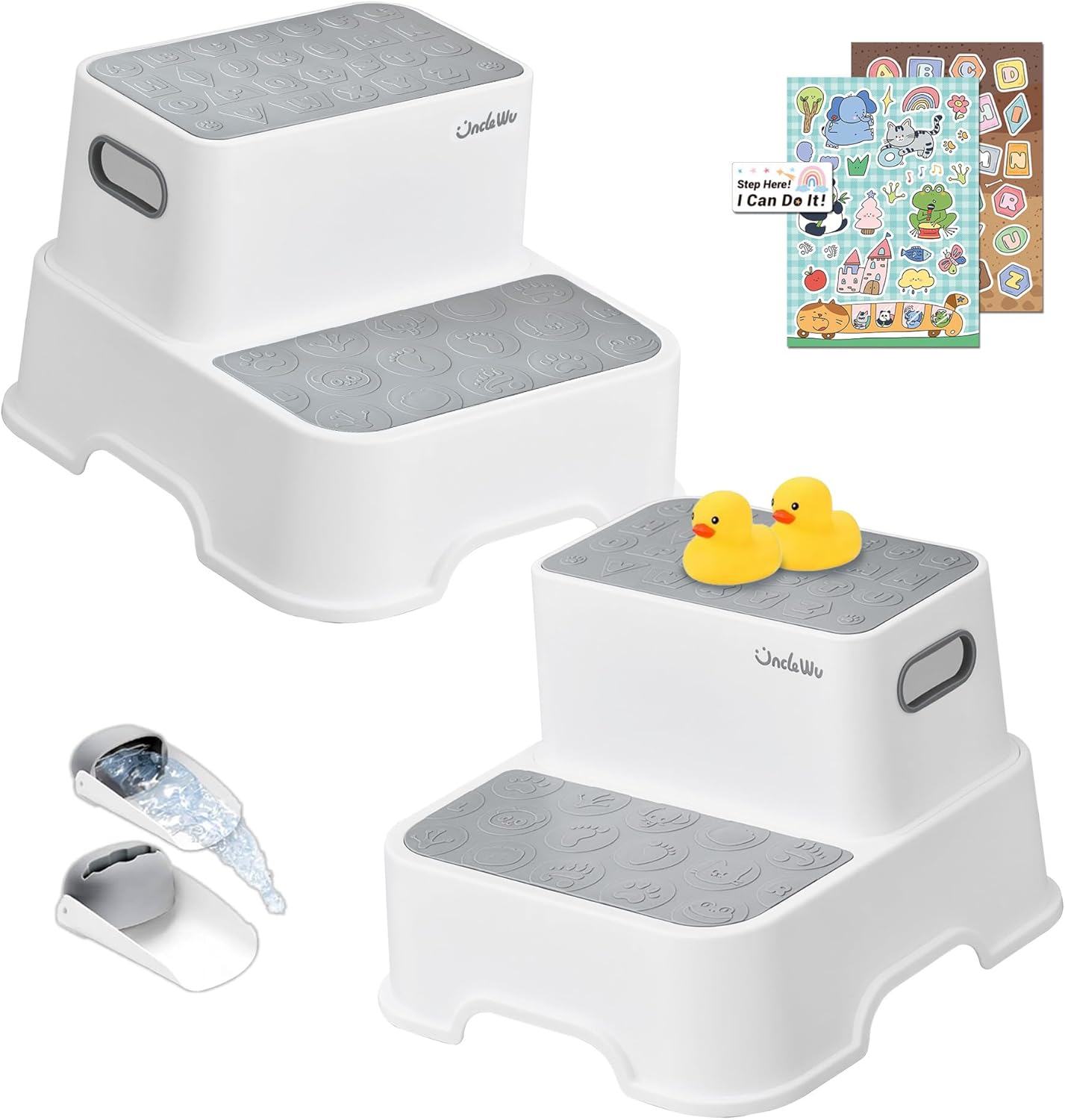 ÜNCLE WU 2 Pack Step Stool for Toddlers & Adults – Non-Slip Plastic Stool for Bathroom Sink, Potty Training,Kitchen & Toilet (Includes 2 Faucets, 2 Ducks, 3 Stickers)