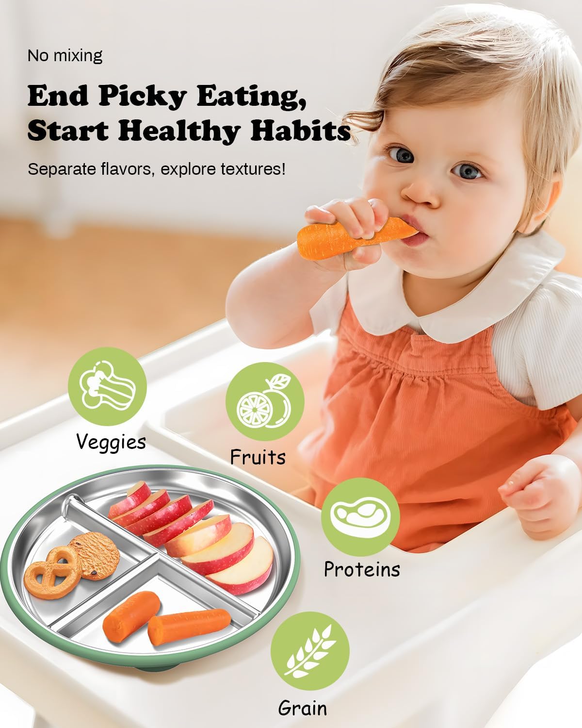 Stainless Steel Toddler Plate with Suction, 8” Divided Plates with Removable Silicone Sleeves for Baby, Non Toxic & BPA Free | Non Slip | Unbreakable Kids Snack Dishes Set of 2, Green & Purple