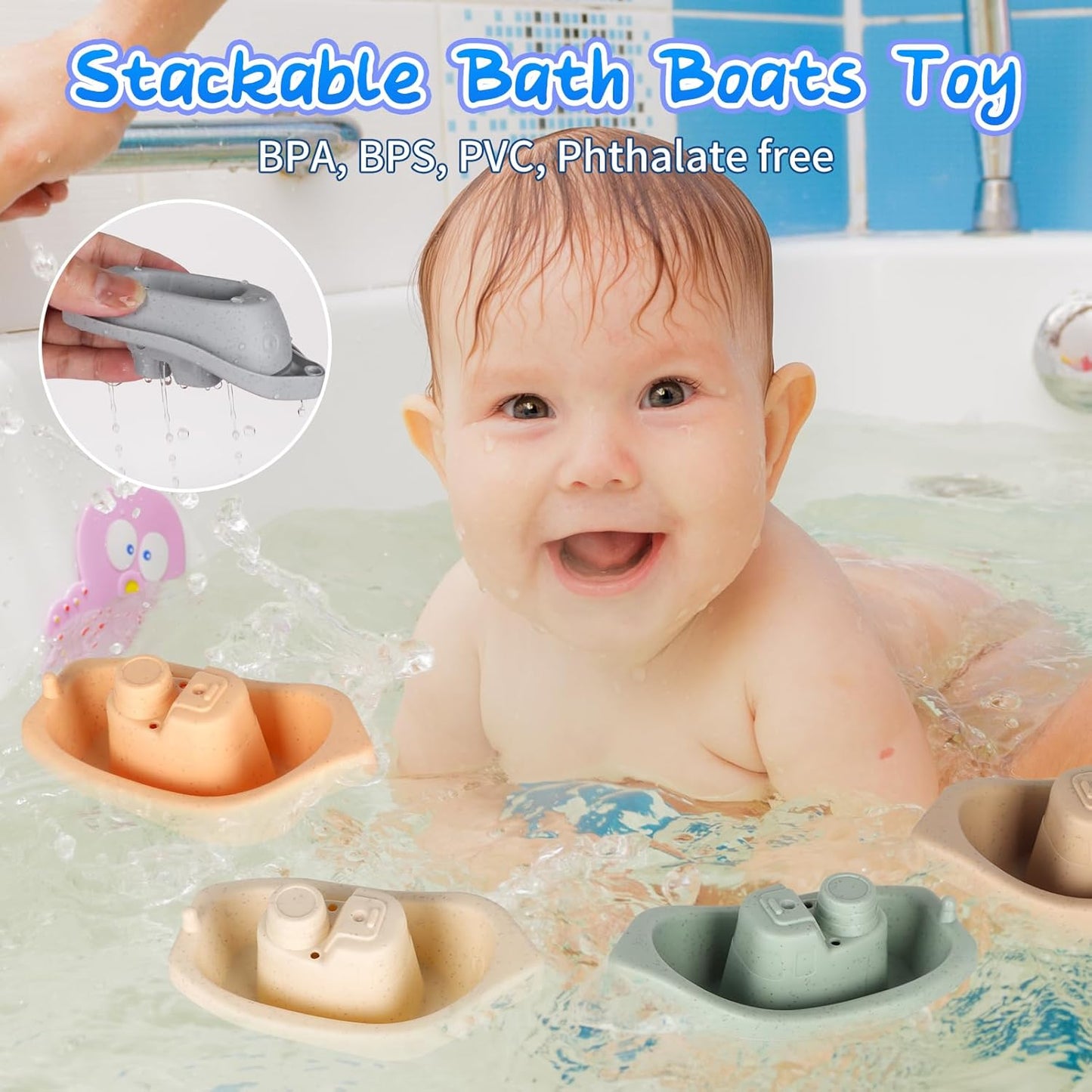 Mold-Free Baby Bath Toys Set 16 Pcs (2 Wind-Up Turtles, 7 No-Hole Sea Animals, 5 Stackable Boats, Fishing Net & Storage Bag) – BPA & Phthalate-Free, Ideal Water Table Baby Pool Toys for Kids Ages 1-3