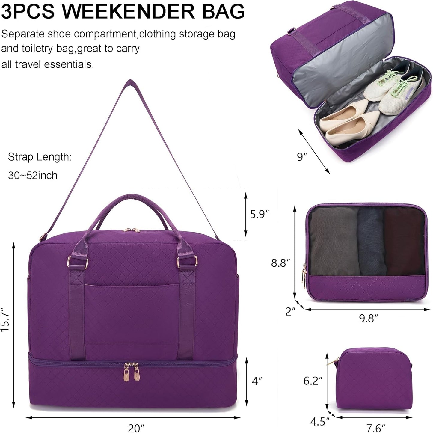 Soperwillton Women Travel Duffel Bags Carry On Overnight Bag with Shoe Compartment & Toiletry Pouch Gym Bag with Wet Pocket