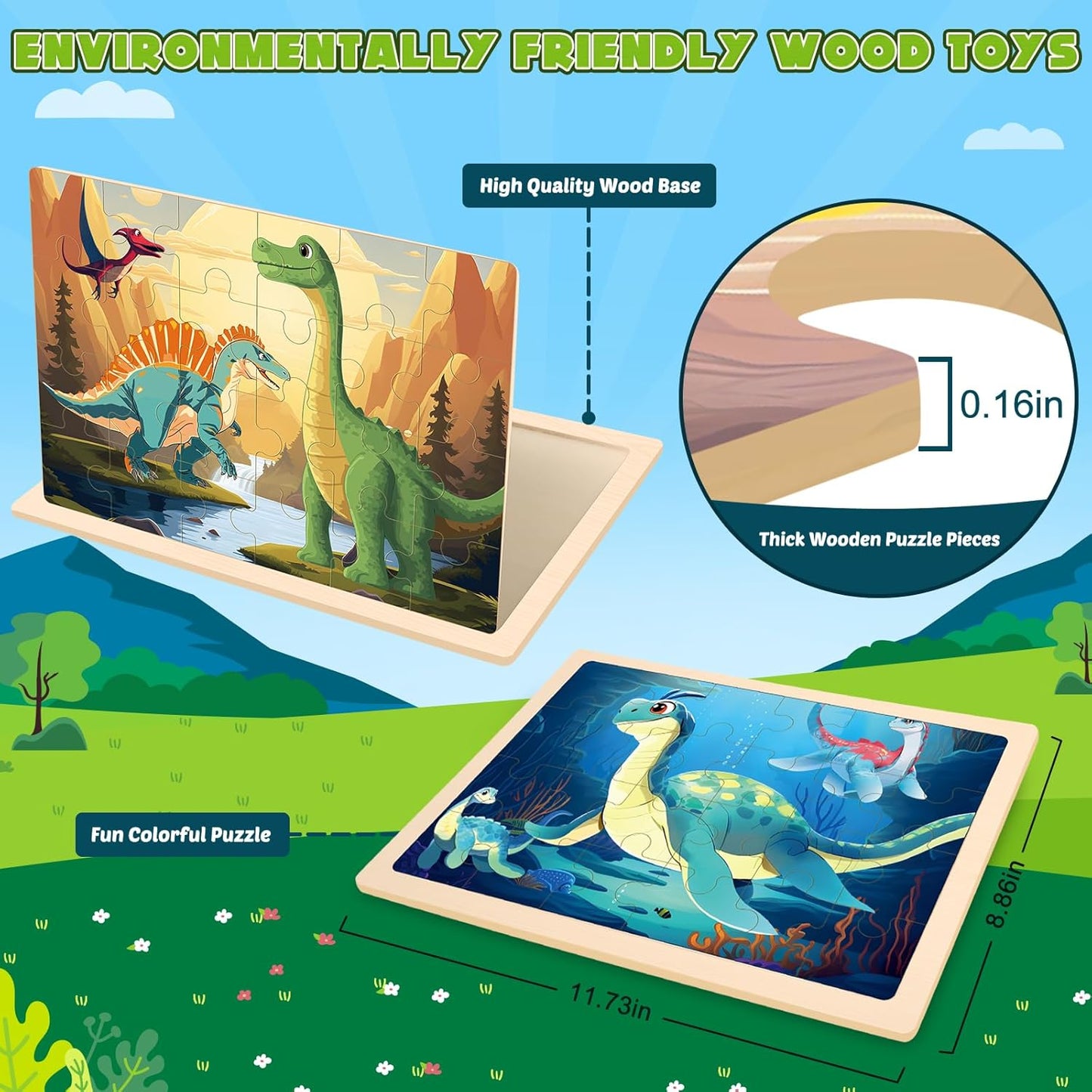 Wooden Dinosaurs Puzzles for Kids Age 3 4 5 Year Old, 4 Pack 24 Pcs Montessori Toddler Jigsaw Puzzles for Girl boy Activities Preschool Learning Educational Birthday Gift Travel Autistic Wooden Toys