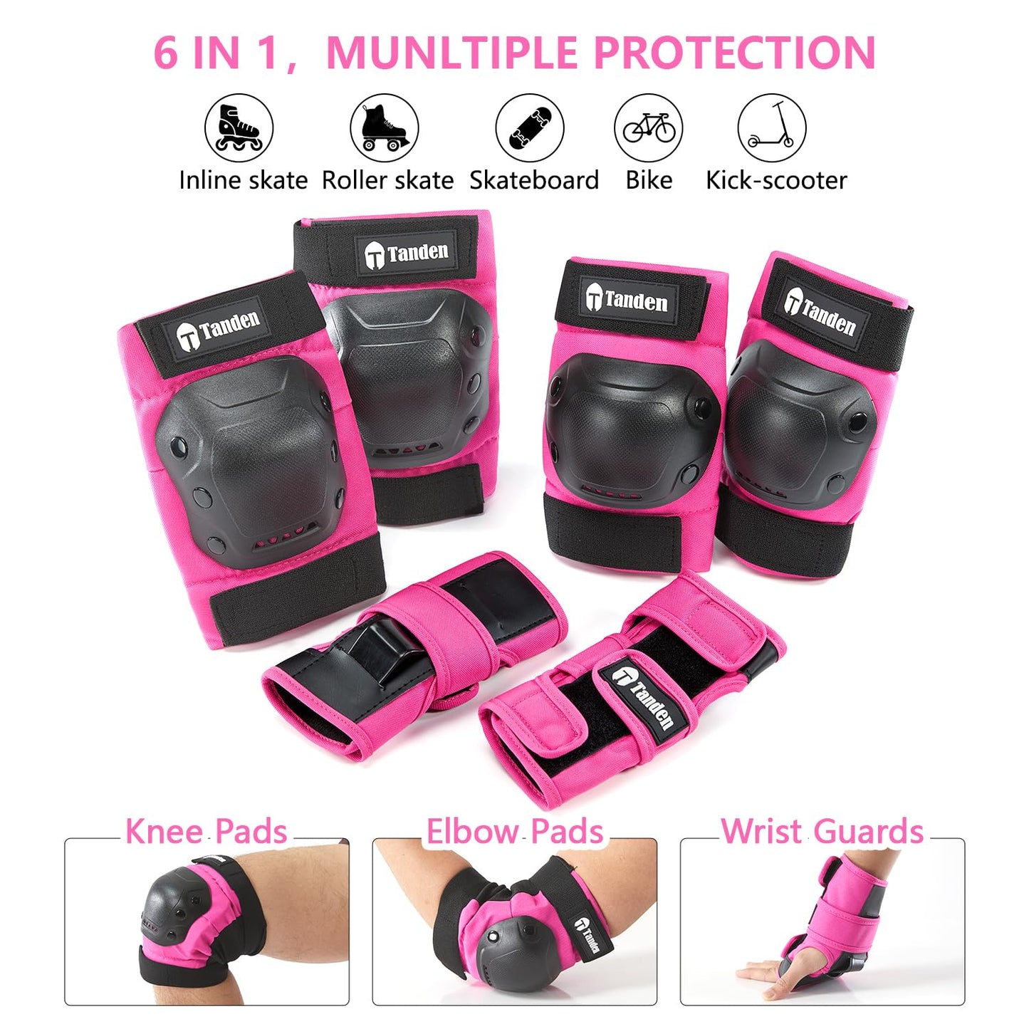 Skateboard Protective Gear Youth Knee and Elbow Pads Set, Wrist Guards for Roller Skating and Skateboarding - Pink