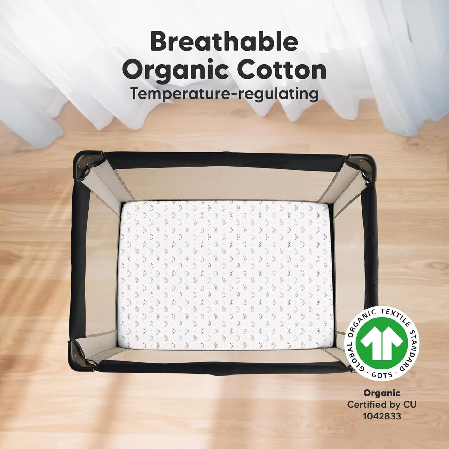 2-Pack Mini Crib Sheets Fitted - 38x26 Pack N Play Sheets for Pack and Play Mattress, Organic Cotton, Soft & Breathable Playard Bedding, Neutral Mini Toddler Bed Cover for Boys, Girls (Jolly Rainbow)