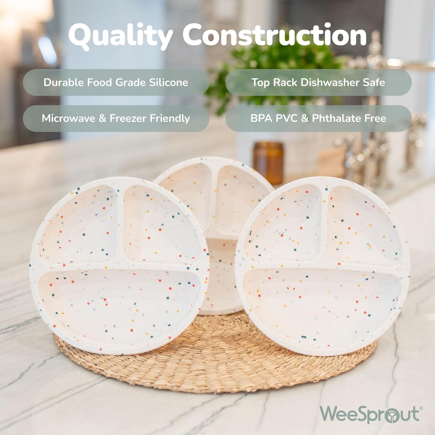 WeeSprout Suction Plates for Babies With Lids & Toddlers - 100% Silicone, Dinnerware Stays Put, Divided Design for Picky Eaters, Microwave & Dishwasher Friendly, 3 Pack