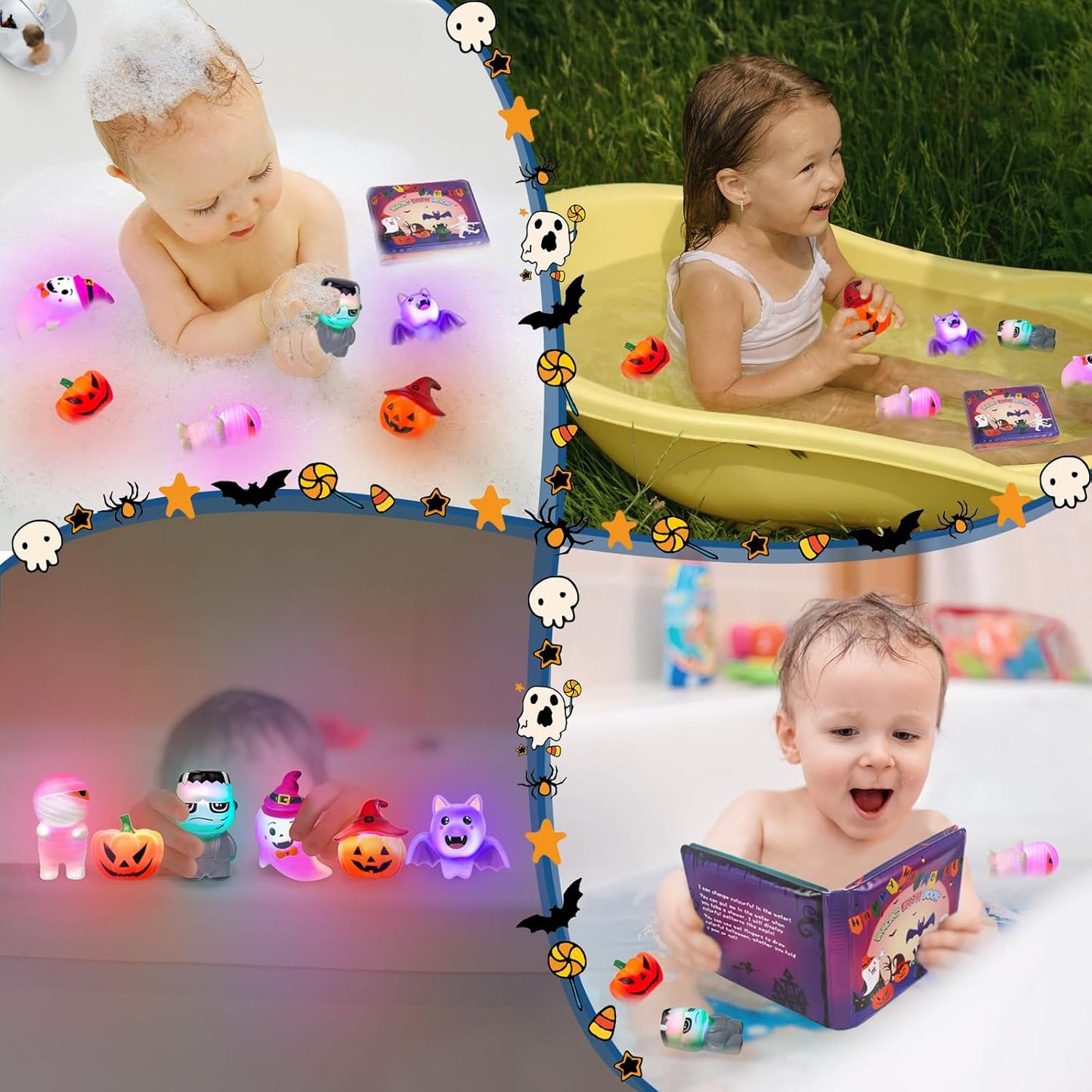 Halloween Light Up Bath Toys for Toddlers Kids, No Hole Bath Toys with Halloween Bath Book, LED Light Bath Time Water Toys for Bath Tubs Bathroom, Halloween Toys & Gift for Toddlers Kids Baby Shower