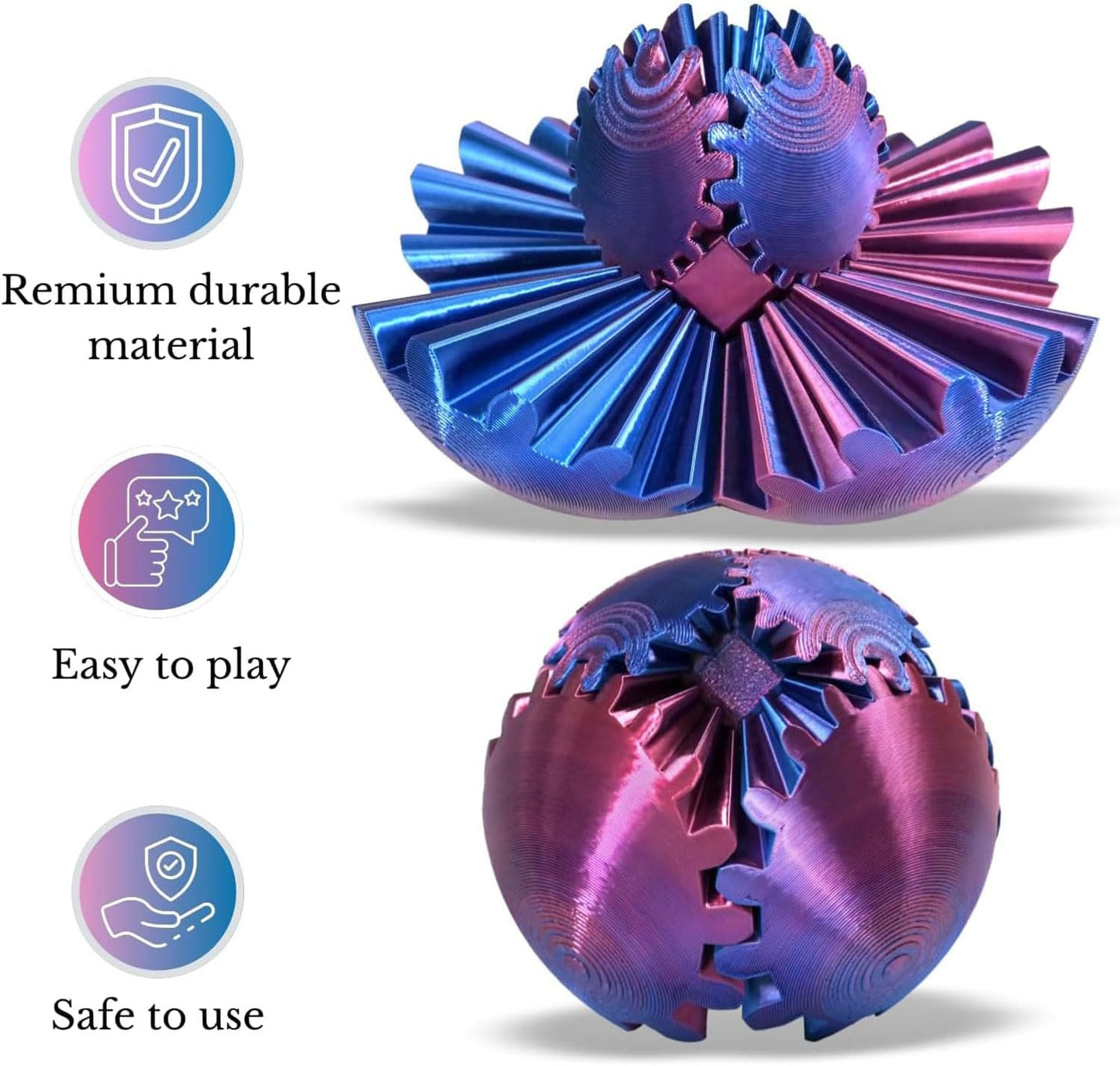 Gear Ball, Gear Sphere 3D Printed Gear Ball Fidget Toy Spin Ball, GearSphere Desk Toy, Stress Ball, Fidget Ball, Gear Toy for Stress and Anxiety Relaxing (Laser Red Blue)
