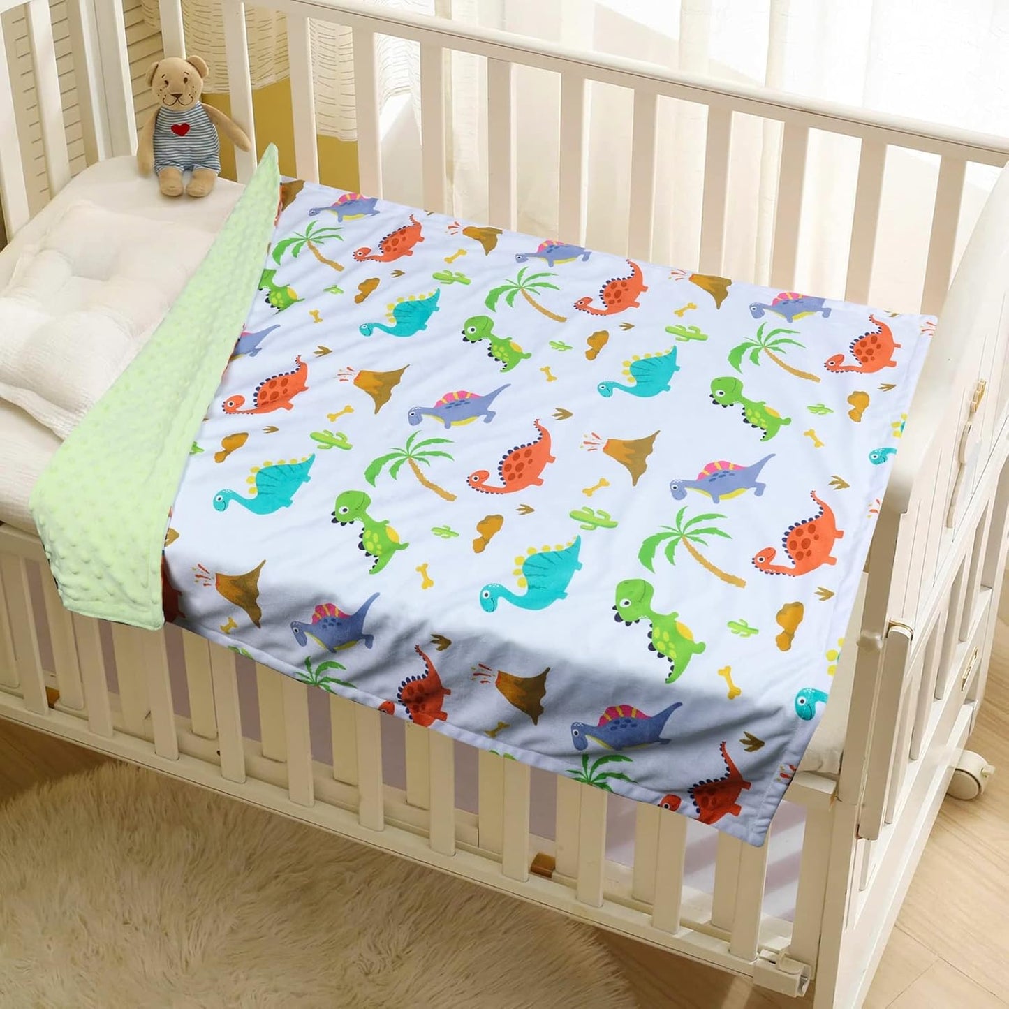 Baby Blanket for Boys Girls Soft Minky with Double Layer Dotted Backing, Dinosaur Printed 30 x 40 Inch Receiving Blanket