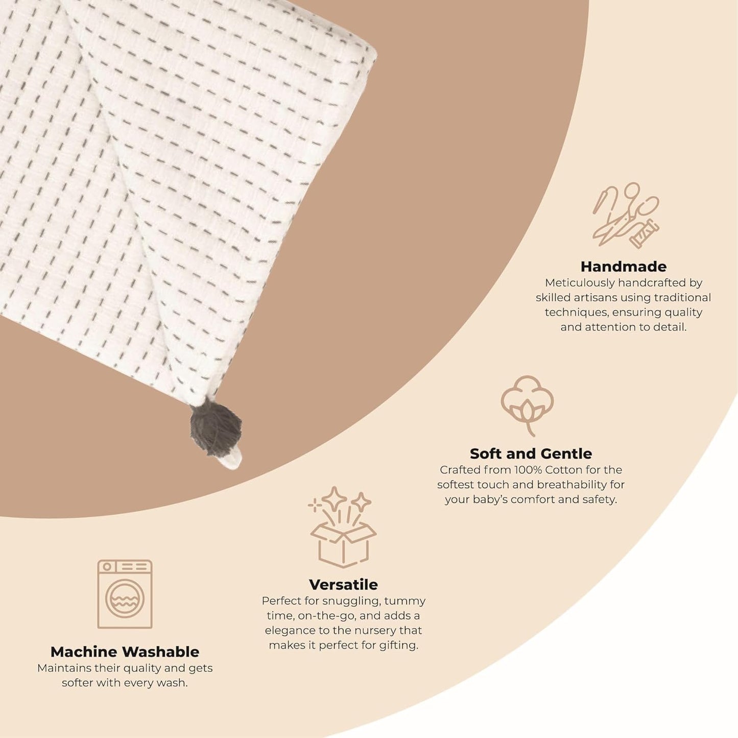 Crane Baby White and Black Stitched Stripe Blanket, Soft Cotton Nursery and Stroller Blanket, 100% Cotton, 36" x 36"