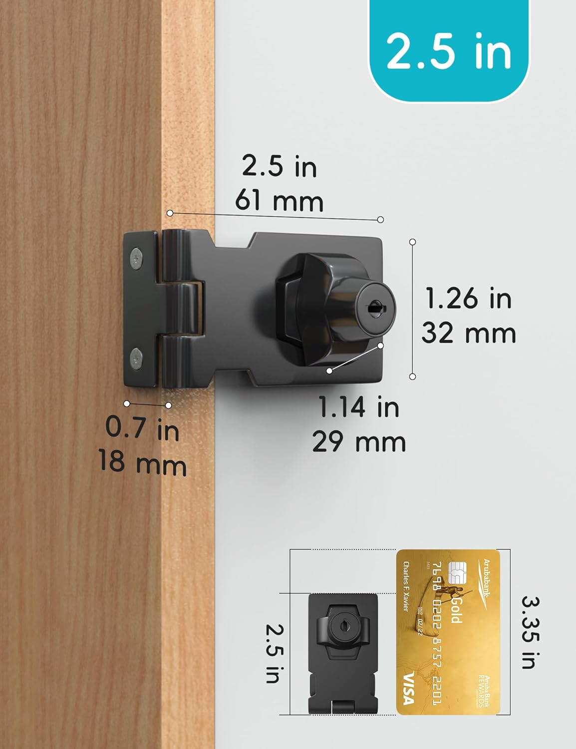2.5 Inch Keyed Hasp Lock for Cabinets & Small Doors, Twist Knob Design, Heavy Duty Zinc Alloy with Chrome-Plated Iron, Includes Keys & Screws, Black