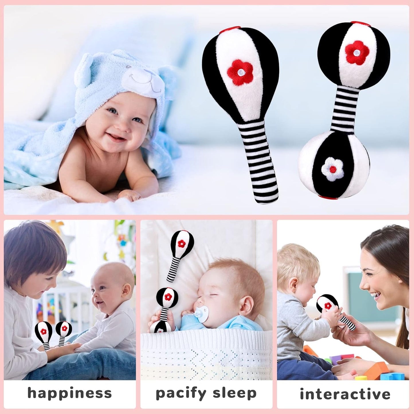 XIXILAND Baby Rattles 0-6 Months Newborn Toys Infant Toys 0-6 Months Rattles for Babies 0-6 Months Baby Toys 0-6 Months, Black and White High Contrast Baby Toys Dumbbell Toy for 0 3 6 9 12 Months