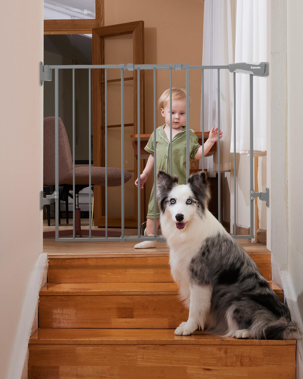Babelio 26-43" No Bottom Bar Baby Gate for Babies, Elders and Pets, 2-in-1 Hardware Mount Dog Gate for The House, Stairs and Doorways, with Large Walk Thru Door, Grey