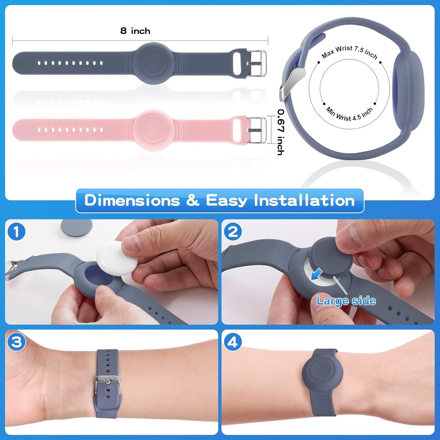 Waterproof Bracelet Compatible with Airtag Case for Kids(2 Pack), Soft Silicone Hidden Wristband, Lightweight GPS Tracker Compatible with Apple Air Tag Watch Band for Child (Grey Blue & Pink)