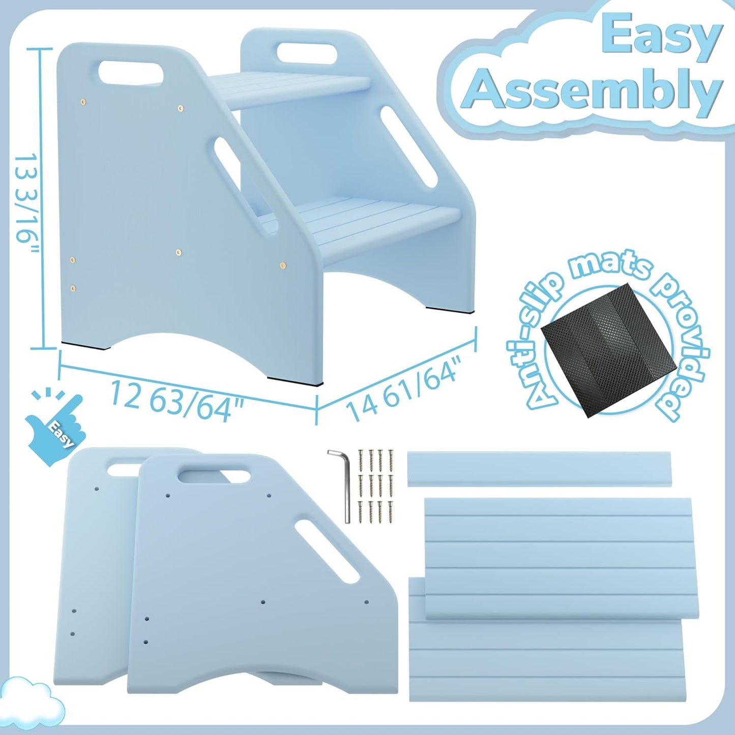 AMBIRD Wooden Step Stool, Two Step Stools 300 lbs Capacity with Safety Non-Slip Pads and Handles, Bamboo Step Stool for Bathroom, Kitchen Dual Height Step Stools for Kids (Sky Blue)