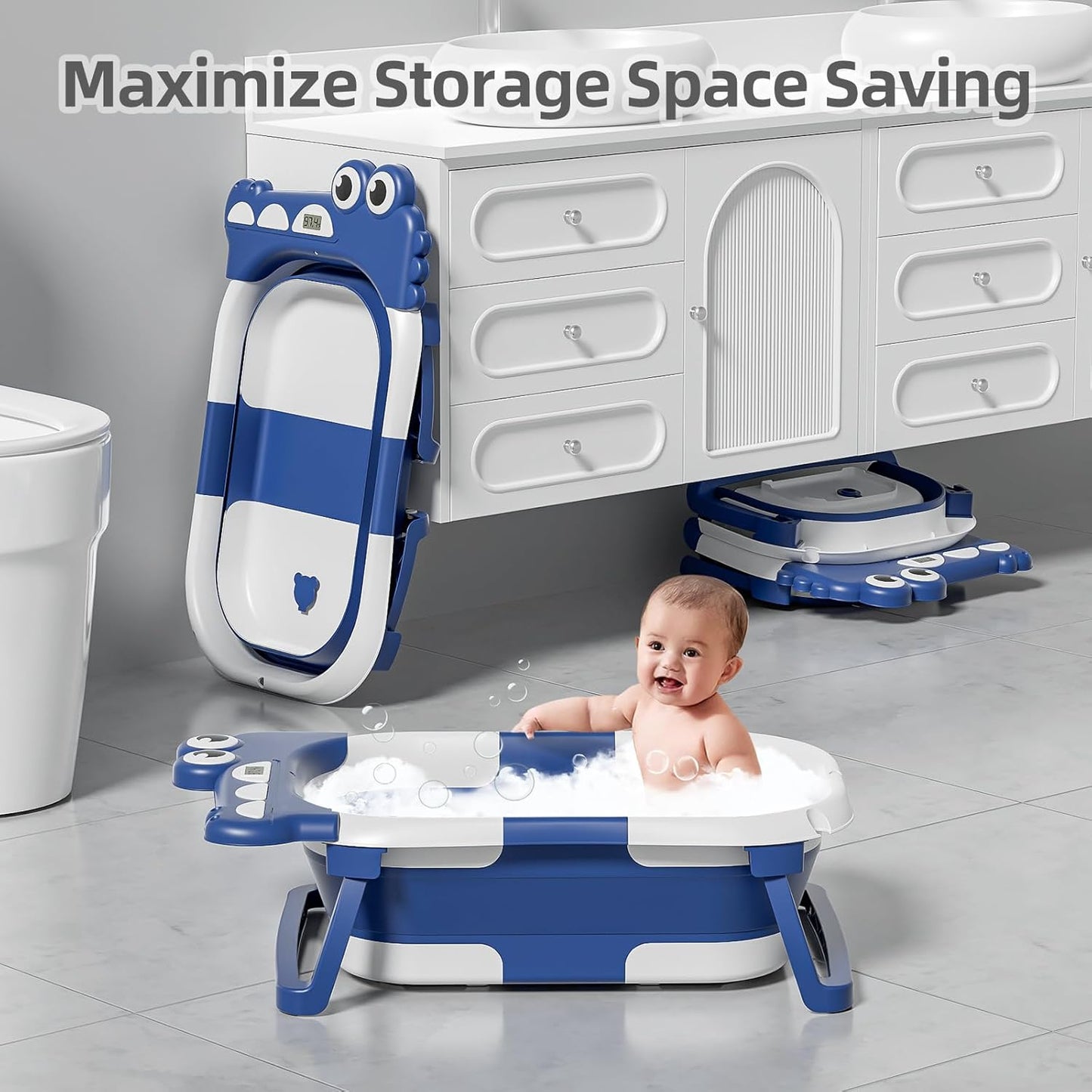 MoreFeel Collapsible Baby Bathtub for Newborn with Thermometer & 1 Hooded Towel & 1 Soft Floating Cushion,Portable Travel Bathtub with Drain Hole, Durable Foldable Baby Tubs for Infants to Toddler