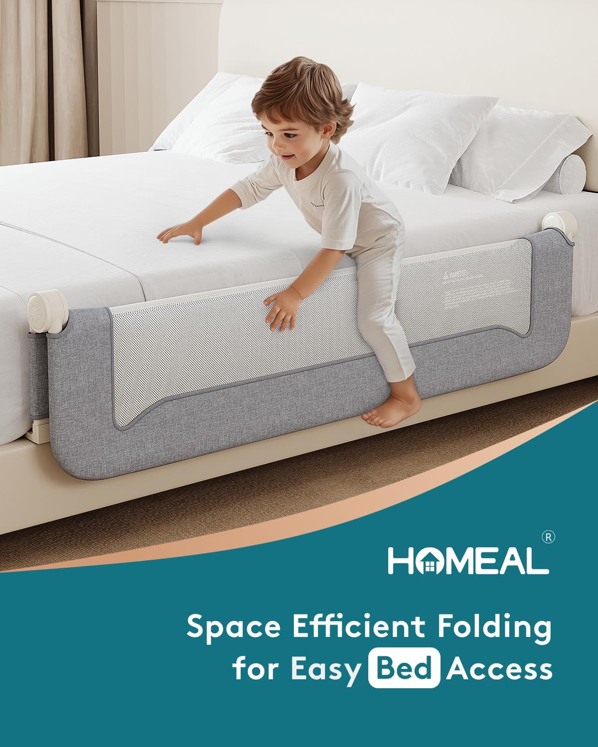 HOMEAL Bed Rail for Toddlers, 32in Foldable Baby Bed Rail Guard, Toddler Bed Rails with U-Shape Base, Breathable Mesh Bed Rail for Twin, Full, Queen, King Beds, Bed Rail for Baby, Grey
