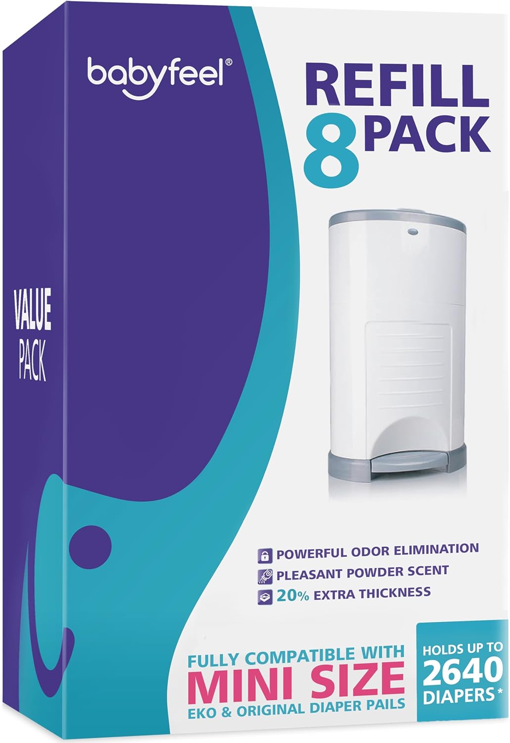 Babyfeel Refills Compatible with DEKOR MINI Diaper Pails | 8 Pack | Exclusive 20% Extra Thickness | Diaper Pail Refills with Powerful Odor Elimination | Powder Scent | Holds up to 2640 Diapers