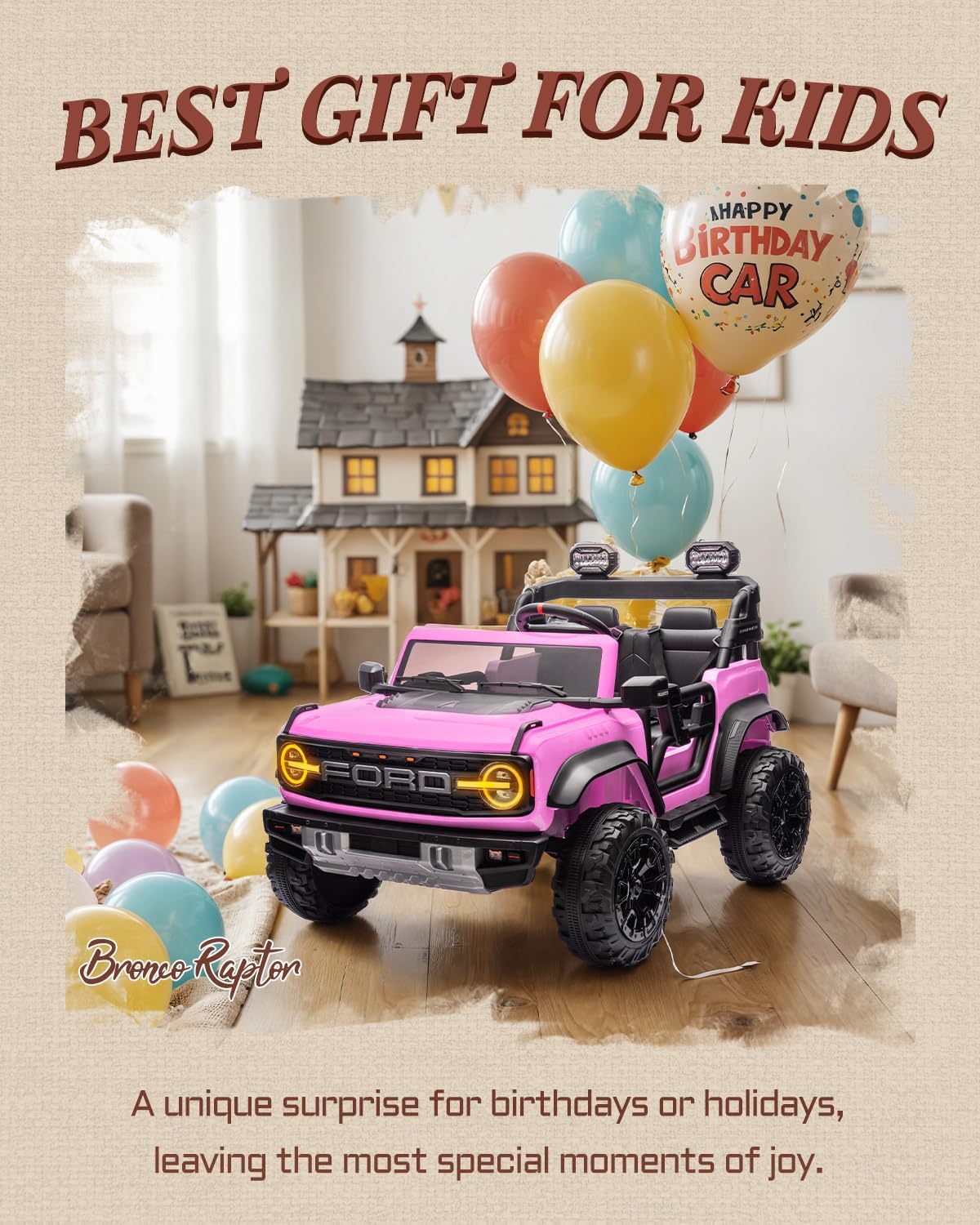 24V Ride on Toys for Big Kids, Licensed Ford Bronco Raptor 2 Seater Ride on Cars with Remote Control, Ride on Truck w/ 4-Wheeler Suspension, 3 Speeds, Led Lights, Bluetooth (24V, Pink)