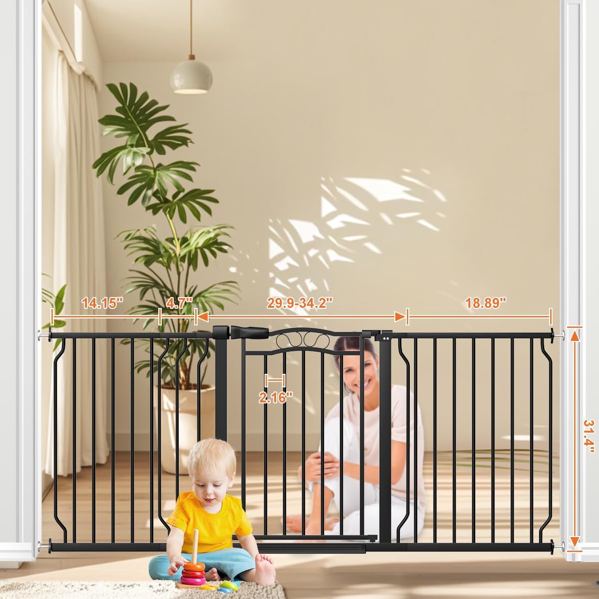 62.2-71.6" Extra Wide Baby Gate for Stairs No Drilling, 30" Tall Auto Close Press Mounted Baby Gate for Doorways, Adjustable Width Walk Through Long Gates for Kids or Pets, Black