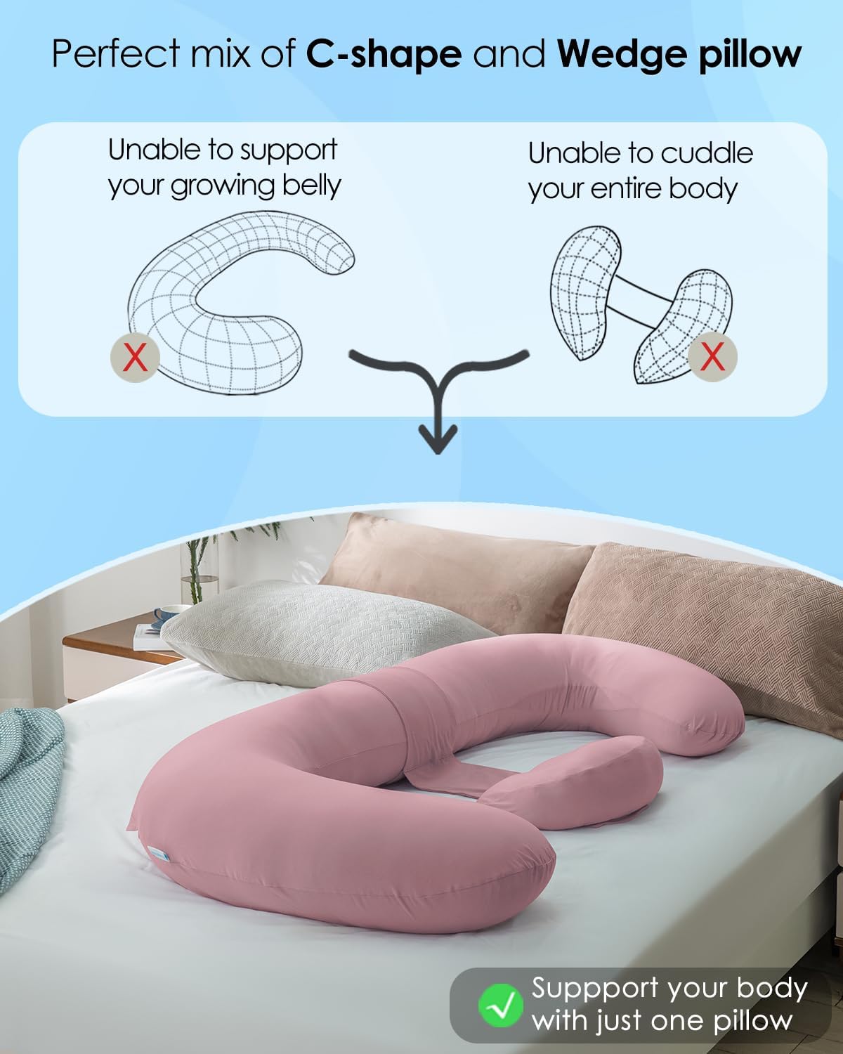 QUEEN ROSE Cooling Pregnancy Pillows, E Shaped Maternity Pillow for Sleeping, with Extra Wedge Pillow for Belly Support, 60 Inch Full Body Pillow, Pink
