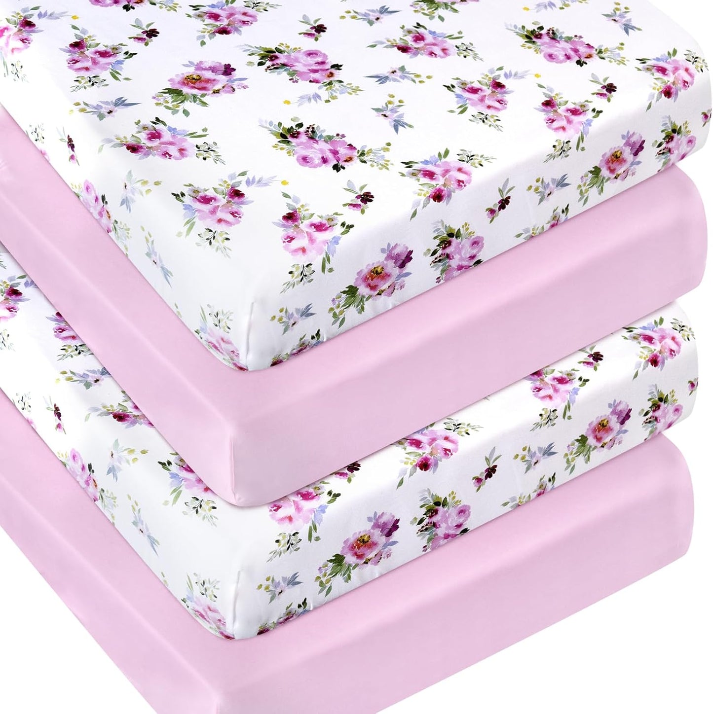 Crib Sheets Girls 4 Pack, Fitted Crib Sheets for Standard Size Crib and Toddler Mattresses, Soft and Breathable Baby Gift Girl Set, Floral