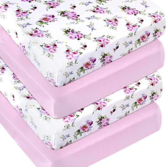 Crib Sheets Girls 4 Pack, Fitted Crib Sheets for Standard Size Crib and Toddler Mattresses, Soft and Breathable Baby Gift Girl Set, Floral