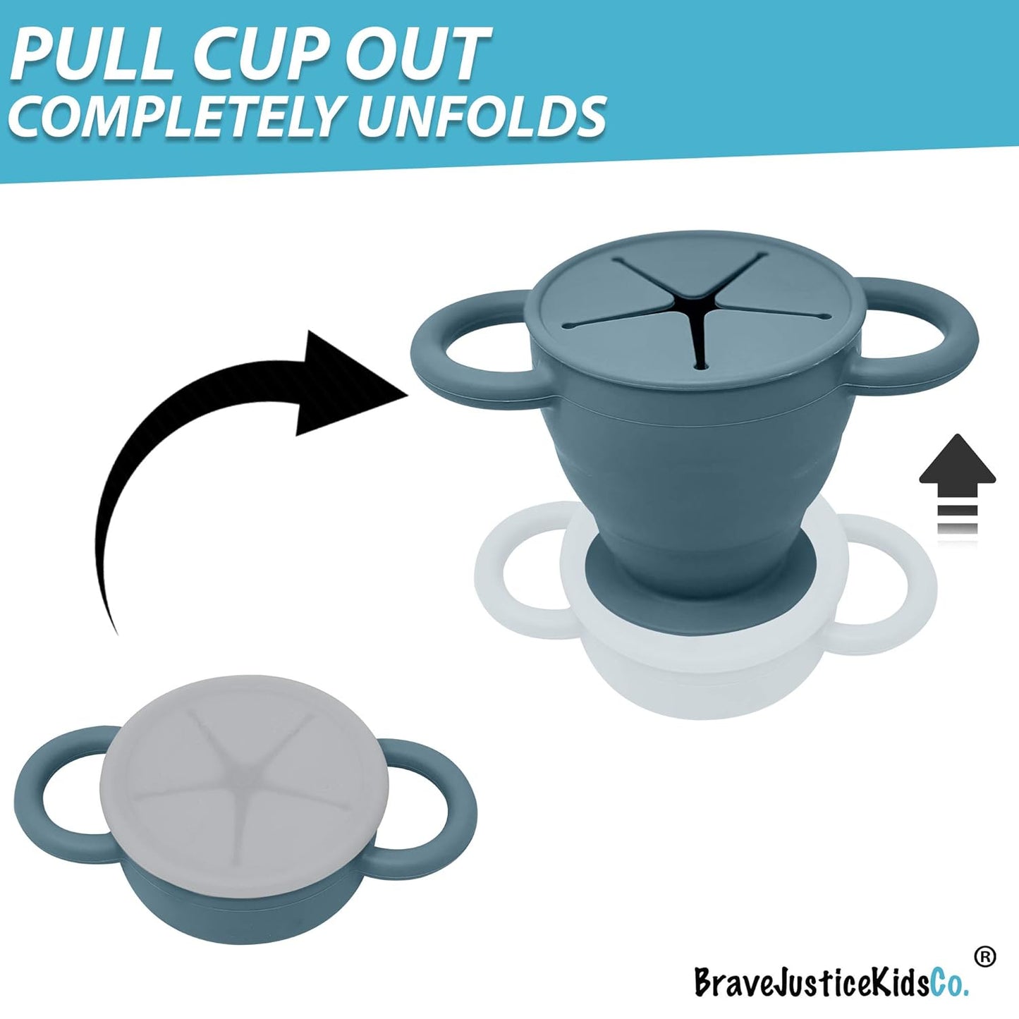 BraveJusticeKidsCo | Snack Attack II Snack Cup | Collapsible Silicone Snack Container | Toddler and Baby Snack Catcher Lid (Blue Steel)