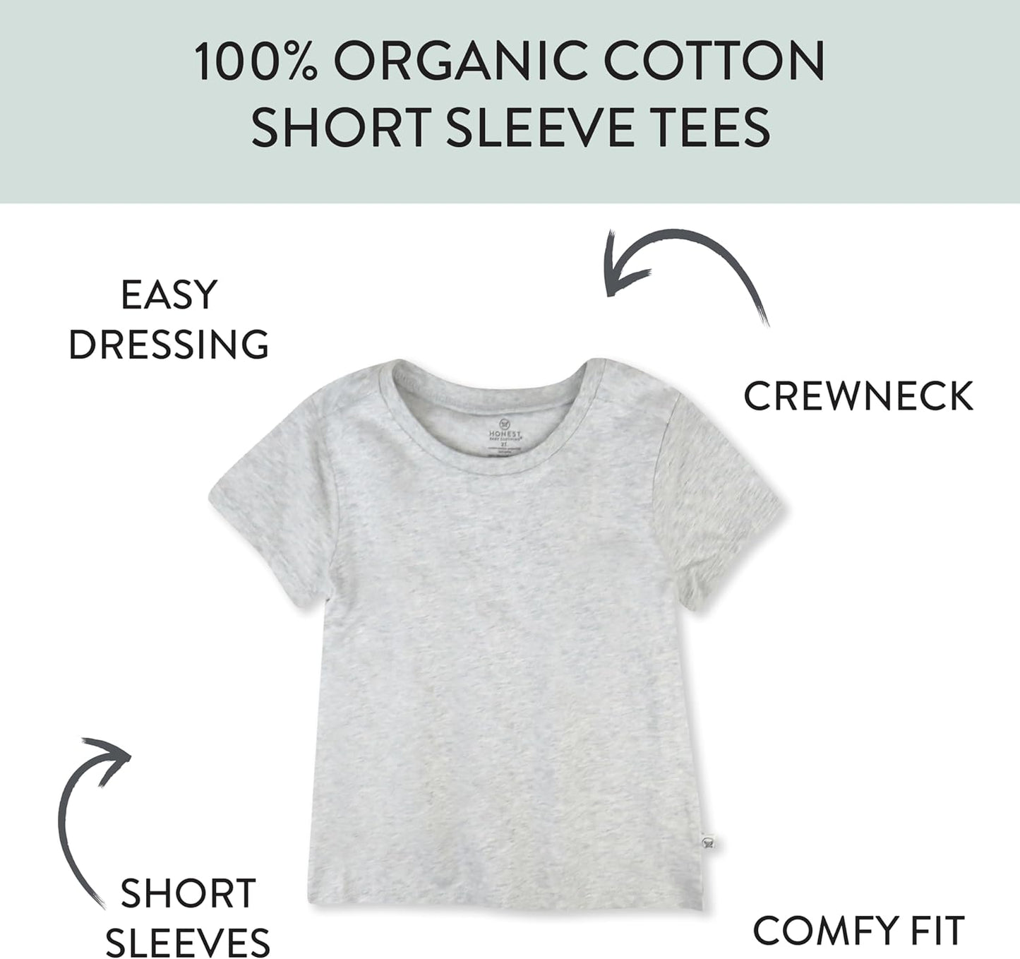 HonestBaby 5-Pack Short Sleeve T-Shirts 100% Organic Cotton Baby, Toddler, Little Kid, Boy, Girl, Unisex